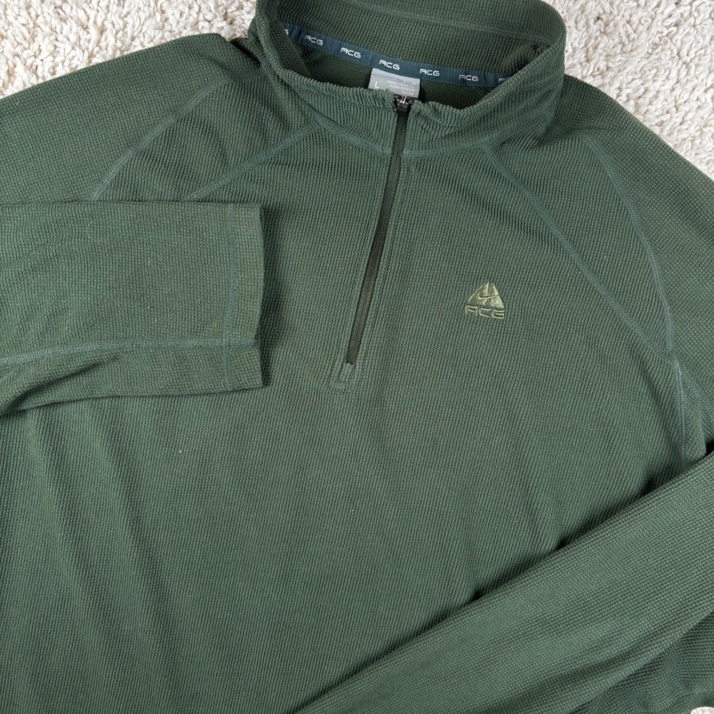 Nike ACG Mens Pullover Large Green Waffle Knit 1/4 Zip Long Sleeve Hiking Trail